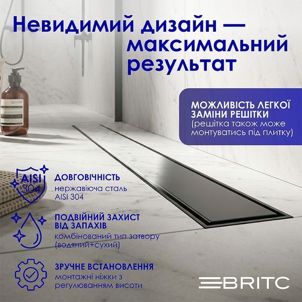 Трап лінійний Britc 800 мм чорний з сифоном нержавіюча сталь 67590 фото