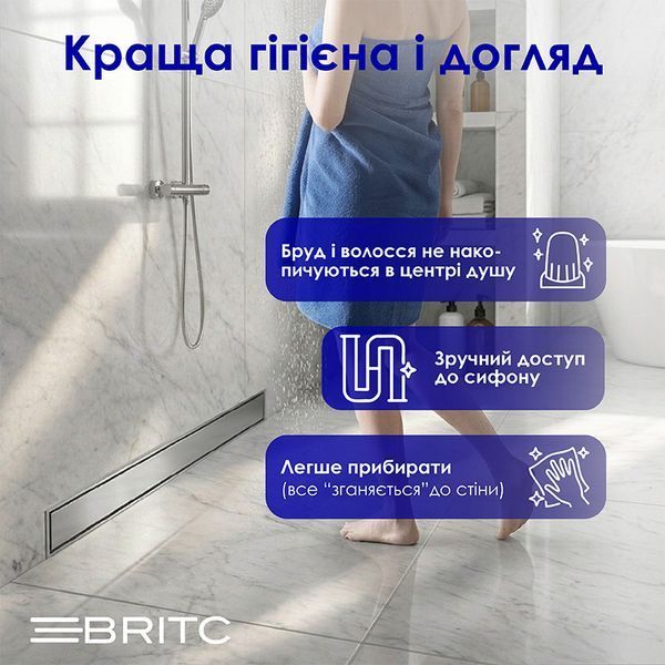 Трап лінійний Britc 600 мм з сифоном пристінний Сріблястий 68052 фото