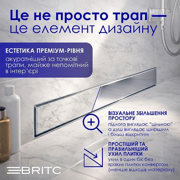 Трап лінійний Britc 600 мм з сифоном пристінний Сріблястий 68052 фото